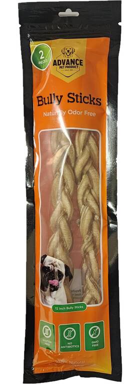 7501 Advance Pet Product 12 Inch Braided Bully Sticks For Dogs 2 Pack - Odor-free Thick Natural Chews Safe