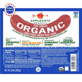 Applegate 025317775328 Organic Beef Hot Dogs Uncured 10oz Treats Chews Natural Healthy