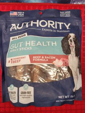 Authority 737257791114 Gut Health Jerky Sticks Dog Treats Beef And Bacon 1 Lb