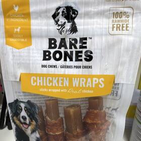 100525 Bare Bones Chicken Wraps Peanut Butter Flavor Dog Chews 4 Count 1.76 Oz