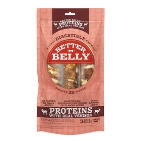 Better Belly 091093944340 Proteins With Real Venison Large Rolls 3 Count Digestible Rawhide For Dogs