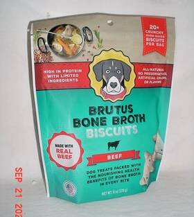 Brutus Broth 869045000440 Bone Biscuits Beef 20 Crunchy Dog Treats 8oz Bag High Protein Natural