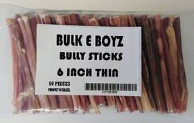 Bulk E Boyz 817172018029 6 Inch Thin Bully Sticks. 50 Ct Package. Great For Small Breed Dogs