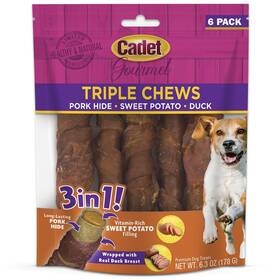 C07332-6 Cadet Triple Chews For Dogs 6oz Natural Protein Dental Health Long Lasting