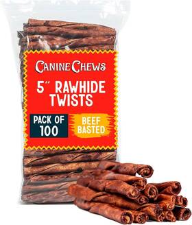 399co Canine Chews Beef Flavor Rawhide Sticks - 100 Count 5 Inch Twists