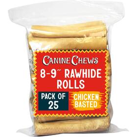 Canine Chews 877787003995 8-9 Inch Chicken Basted Rawhide Retriever Rolls - Pack Of 25 Chicken-flavored Lon