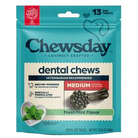 Chewsday 850071165067 Dental Chews Fresh Mint Flavor Medium Dog Treats 13 Count Enzyme Powered