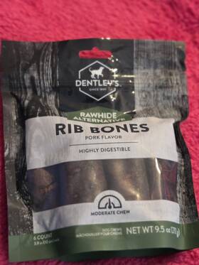 24337 Dentleys Rawhide Alternative Rib Bones Pork Flavor Dog Chews 6 Count