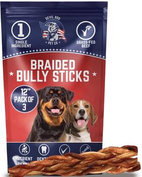 Devil Dog Pet Co 764966981062 . Braided Bully Sticks For Dogs 12 Inch 3 Pack Chew Treats 100% Natural S
