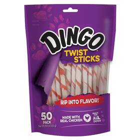 P-10019kh Dingo Twist Sticks 50 Count Rawhide For Dogs Made With Real Chicken