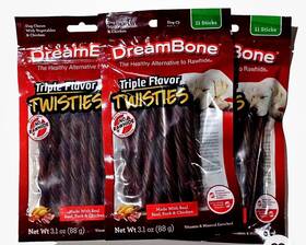Dream Bone 892383009479 3 Pack Triple Flavor Twisties 33 Sticks Rawhide Alternative Real Beef