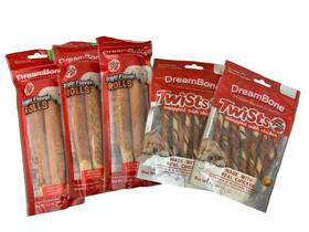 Dreambone 892383007864 No Rawhide Assorted Dog Chews 3 Triple Flavor Rolls 2 Twists New