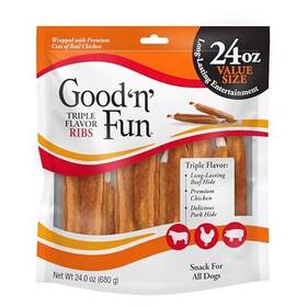 Good N Fun 091093945811 Ftnft Triple Flavor Ribs 24 Ounces Rawhide Chews For All Dogs