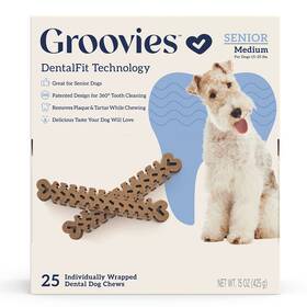 Grv68157 Groovies Senior Dog Dental Chews Box 25ct Medium Remove Plaque Tartar