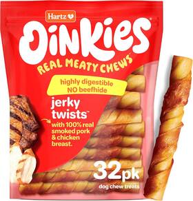 Hartz 032700129514 Oinkies Porkalicious Smoked Pig Skin Jerky Twists Dog Treats 32pk