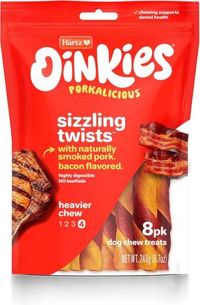 3270015376 Hartz Oinkies Smoked Pig Skin Bacon Flavored Wrap Dog Treat Chews - 8 Pack