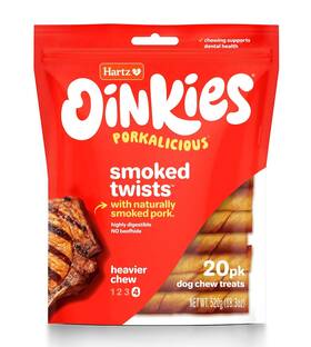 3270015377 Hartz Oinkies Smoked Pork Flavor Pig Skin Twists Dog Chew Treats 20 Count