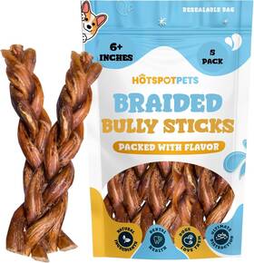 Hotspot Pets 705353345999 Braided Bully Sticks For Dogs -6 Inch Stix 5 Pack Premium All Nat