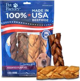 78123  Inc. 100% Made In Usa Beefhide 6 Inch Braided Sticks Dog Chew Treats - Beef And Chicken Fla