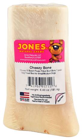 01711 Jones Natural Chews Cheezy Bone Cheese N Bacon Flavor Filled Beef Single 4gcj