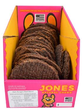 02016 Jones Natural Chews Bark Burgers 30 Pack Beef Blend Chewy Dog Treats 4.25 Inch Diameter Usa-made