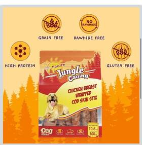 Jungle Calling 713653572144 Rawhide Free Healthy Dogs Treats Chicken Wrapped Cod Sticks 300g