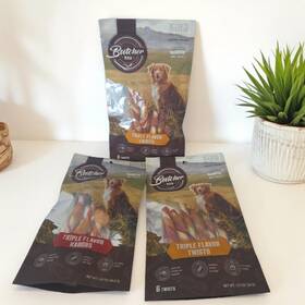 Kind Rewards 840139902864 Butcher Bar Triple Flavor Dog Chews 2-pack Twist 1-pack Kabobs
