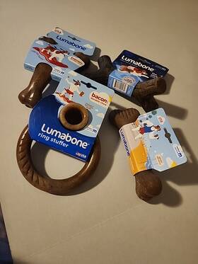 Lumabone 854111004170 Lot Of 4 Different Medium Dog Chews Bacon Beef Wood 100% Charity