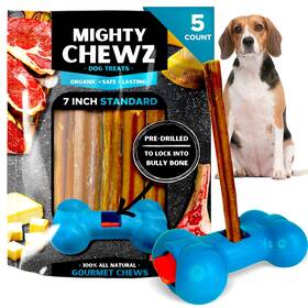 83102 Mighty Chewz 7 Inch Standard Bully Sticks 5 Pack With Stick Safety Device - No Choking