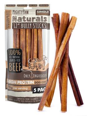 Mighty Paw 850024861244 Long Lasting 12 Inch Bully Sticks For Dogs - All Natural Grass Fed Beef