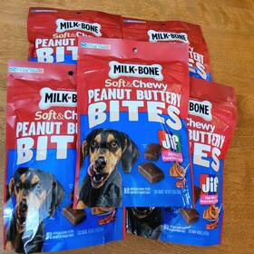 Milk-bone 079100767250 Lot 5 11.8 Oz Dog Treats Peanut Buttery Bites With Bacon Bigger Bags
