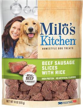 7910050893 Milos Kitchen 18oz Real Beef Sausage Slices With Rice Dog Treats