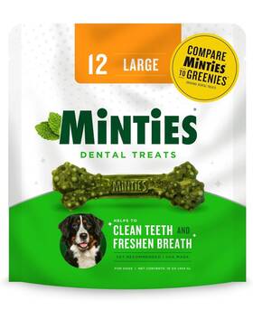 Minties 073091800781 Dental Bone Treats Chews For Large Dogs Over 50 Lbs 12 Count 16 Oz