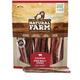 Natural Farm 850002762051 Bully Sticks 6 Inch 30 Pack Thin Pizzle Pixie Beef Treats Grain-free Hi