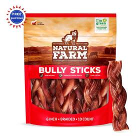 Natural Farm 850002762129 Bully Sticks 6 Inch 10 Pack Odor Free Braided 100% Grass Fed Beef Dental Treats