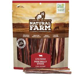 Natural Farm 850002762143 Bully Sticks 6 Inch 50 Pack Thin Pixie Pizzle Beef Treats Grain-free Hi