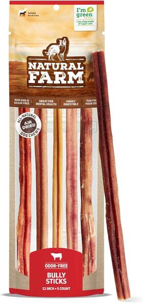 Natural Farm Pet 445057872829 Bully Sticks Odor-free 12 Inch 5 Count 8.8 Oz. Per Bag 100% B