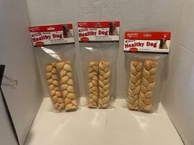 Neros Treats 620912620204 3 Pkgs Dog Bones Braided Rawhide Sticks 8 Inch 2-pack Extra Thick. Healthy