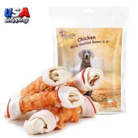 Pawmate 445001082090 Rawhide Dog Bone Chicken Wrapped 6.5 Inch Knotted Bones Long-lasting Chews