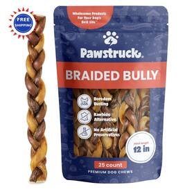 12-025 Pawstruck Dtc Bs Br Bully Sticks For Dogs 25 Count Natural Braided Tough Long-lasting
