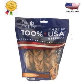 78128 Pet Factory 100% Made In Usa Beefhide 7 Inch Braided Peanut Butter Flavor 6 Count