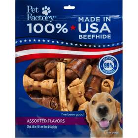 78252 Pet Factory 100% Made In Usa Beefhide 4-6 Inch Assorted Bones And Chip Rolls Dog Chew Treats