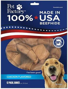 78318 Pet Factory 100% Made In Usa Beefhide 6 Inch Knotted Bones Dog Chew Treats - Chicken Flavor