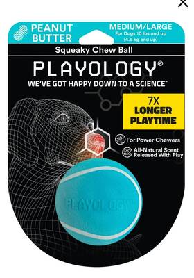 Playology 856330008403 Squeaky Dog Toy Chew Ball All-natural Peanut Butter Scent Med/large