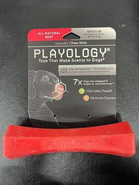 Playology 856330008748 Squeaky Beef Scent Chew Stick Dog Toy Medium Open Package