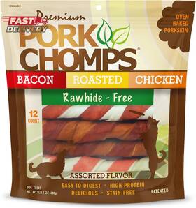 Pork Chomps 726084105904 Baked Skin Dog Chews 6-inch Twists Assorted Flavors 12 Count