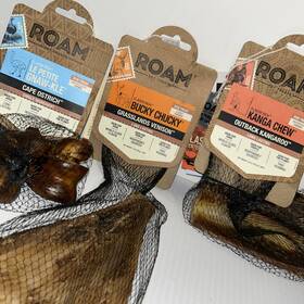 222e Roam 818782024172 Lot Of 3 Dog Chew Treat Kanga Kangaroo Buncky Venison Cape Ostrich /222e