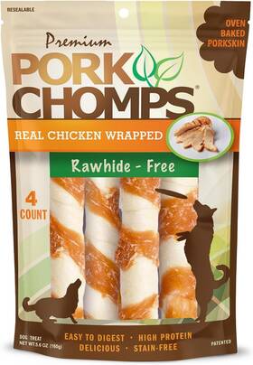 Scott Pet Products Inc. 705353587696 Pork Chomps Baked Skin Dog Chews 6-inch Twists Real Chicken Wrap 4 Count