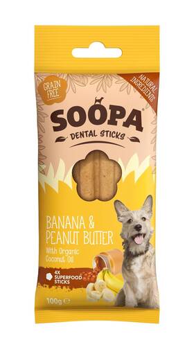 Soopa 060289920586 Grain Free Banana And Peanut Butter Dental Dog Treats 4 Sticks 100 G