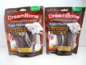Spectrum Branda 892383009493 Dreambone Triple Flavor Layered Sticks Rawhide-free Dog Chews 8 Count 2 Pktgs